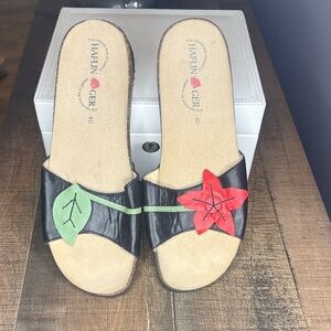Haflinger Black Slide Sandals with Red Flower and Green Leaf